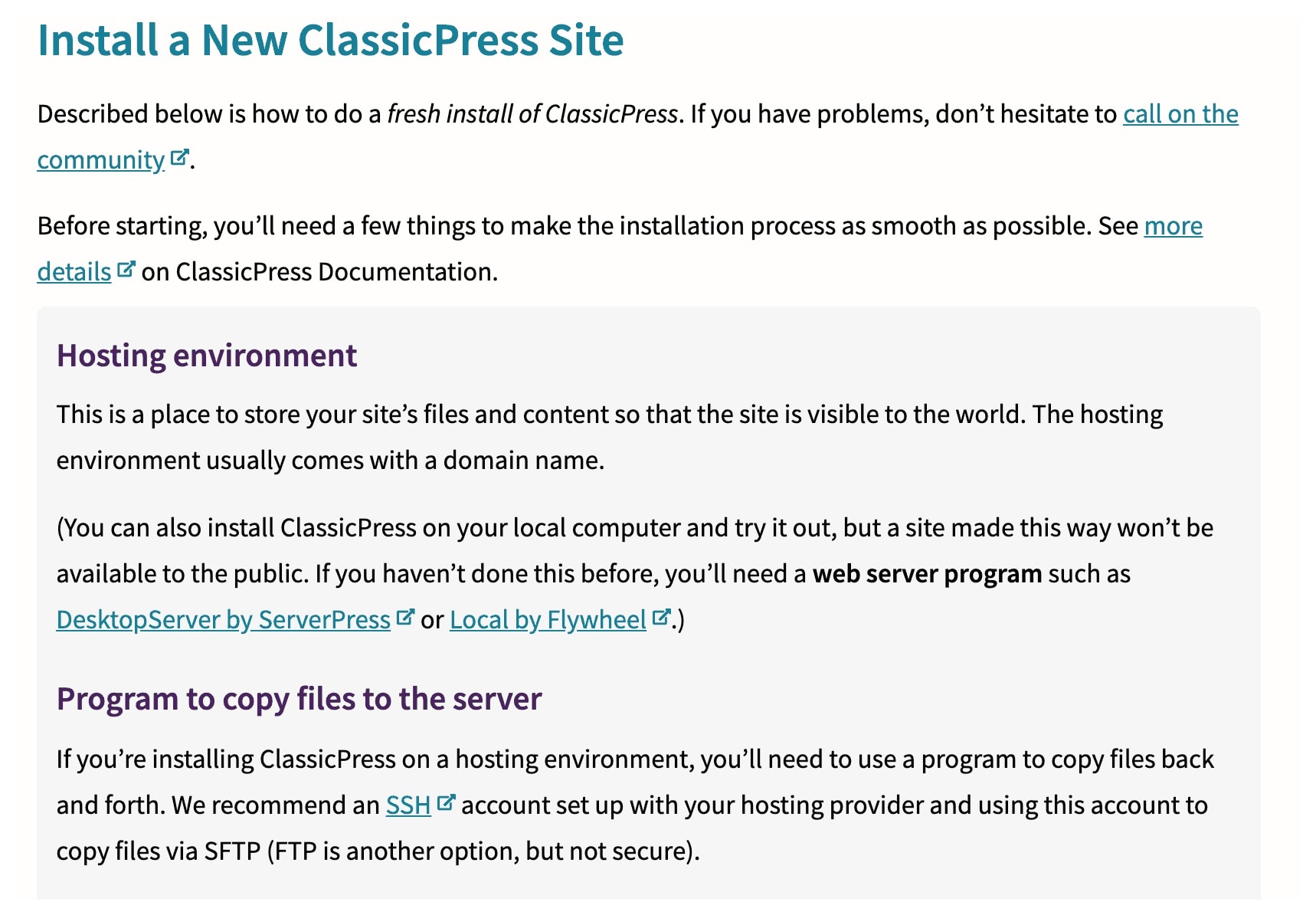 Installing a new classicpress site