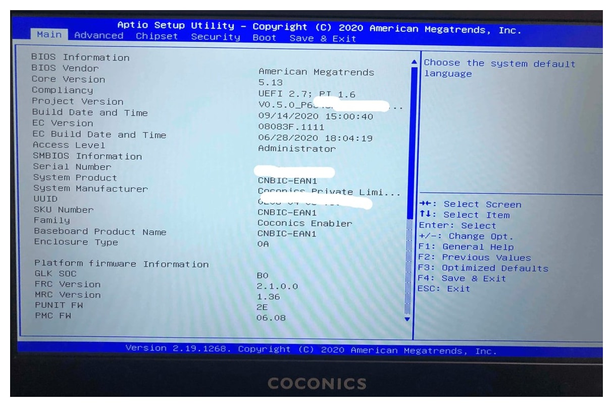 BIOS settings for Coconics Enabler Budget Laptop, a Made in India device