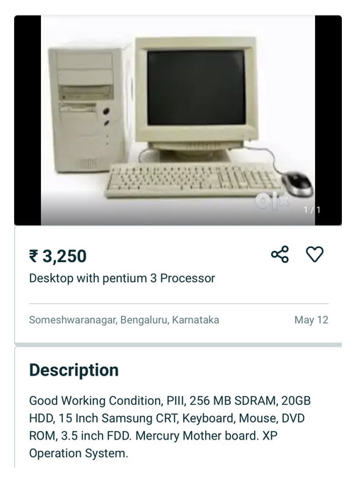 Ad for Pentium III desktop on Quikr. Image for My First Laptop