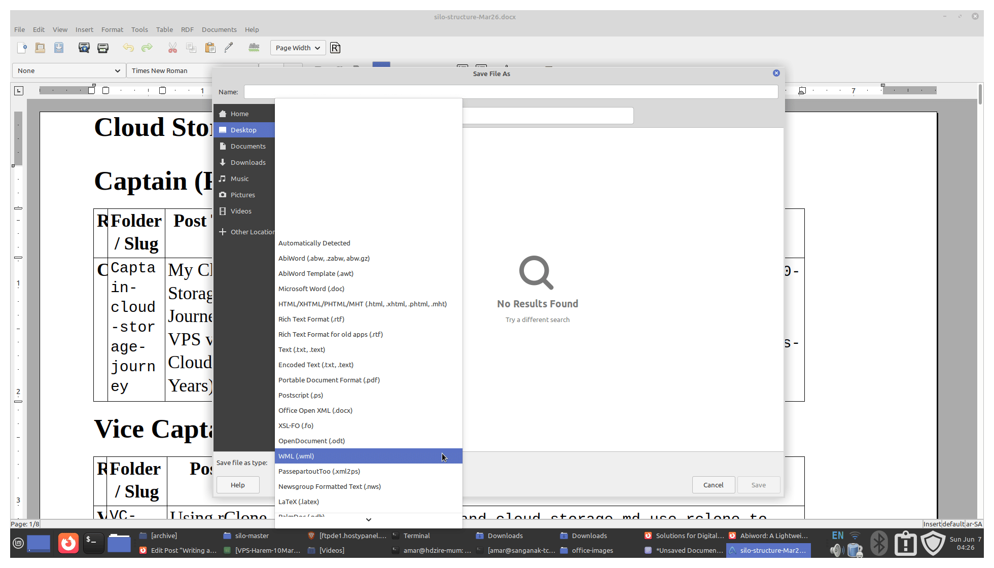 Screenshot of AbiWord document export