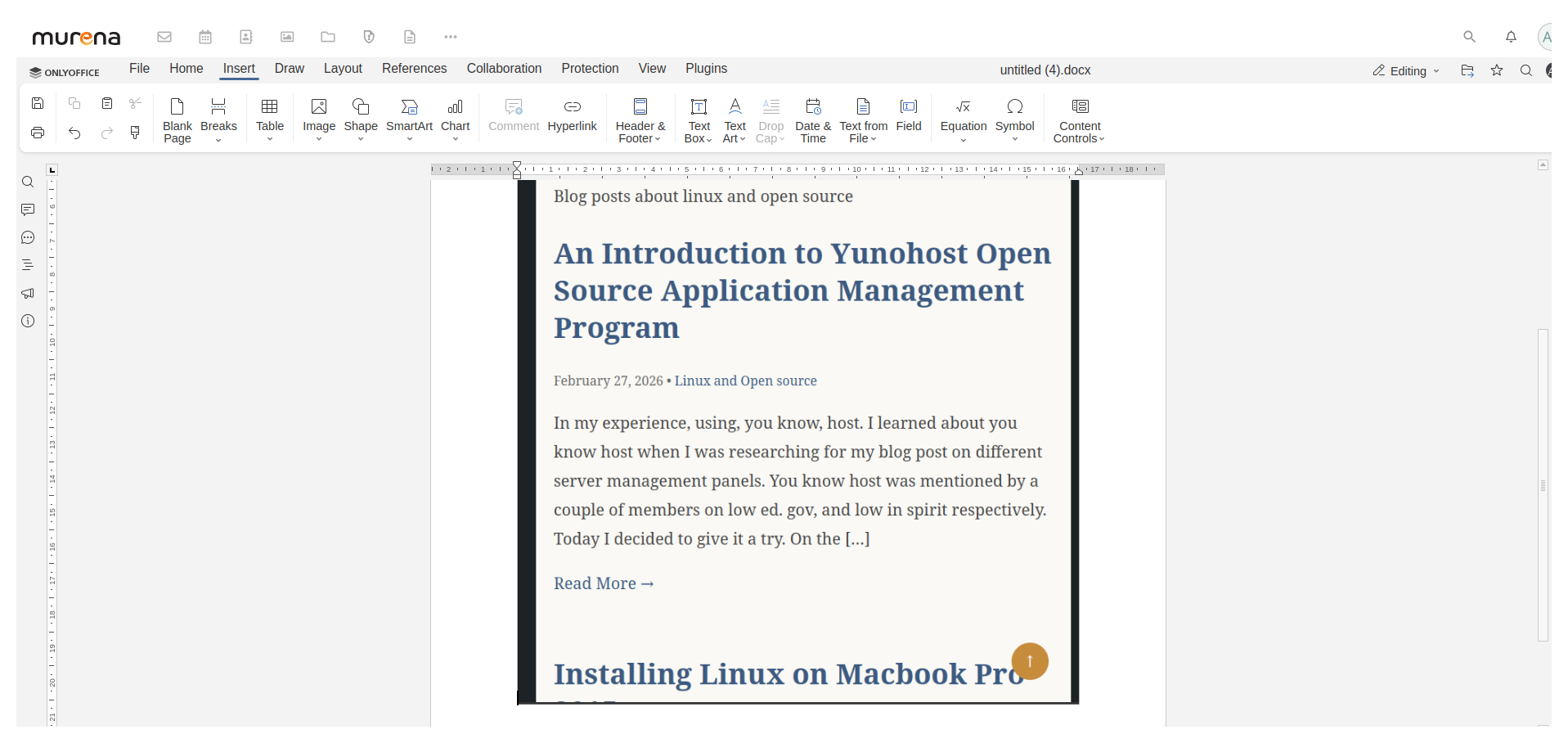 Onlyoffice via yunohost showing Nextcloud onlyoffice integration 